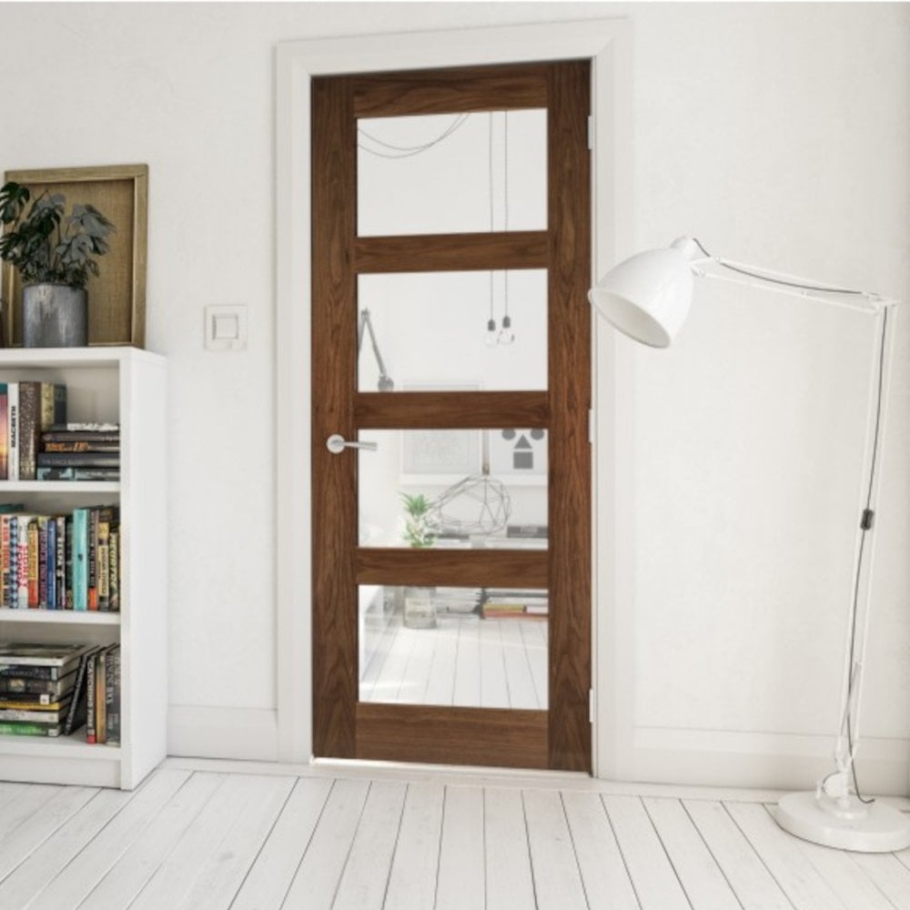 Internal Walnut Fully Finished Coventry 4L Clear Glass FD30 Fire Door (HP1GWF:DX)