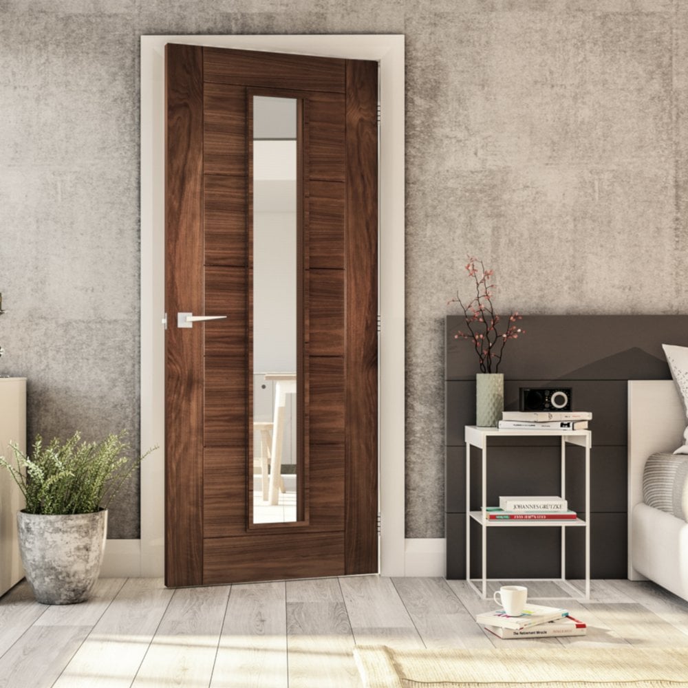Internal Walnut Fully Finished Seville 7P 1L Clear Glass FD30 Fire Door (UK16CGF:DWXFSC)