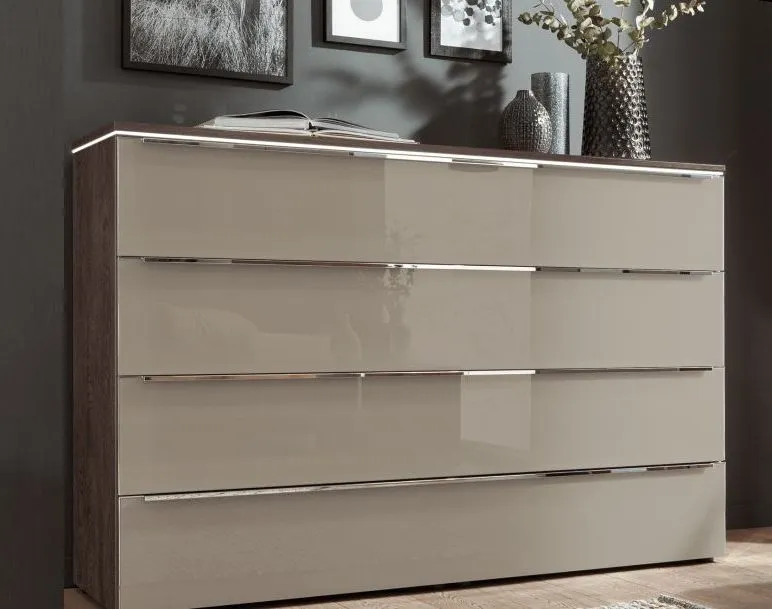 Nolte Alegro2 Style Imitation Macadamia Walnut and Terra Glass Chest - 4 Drawer