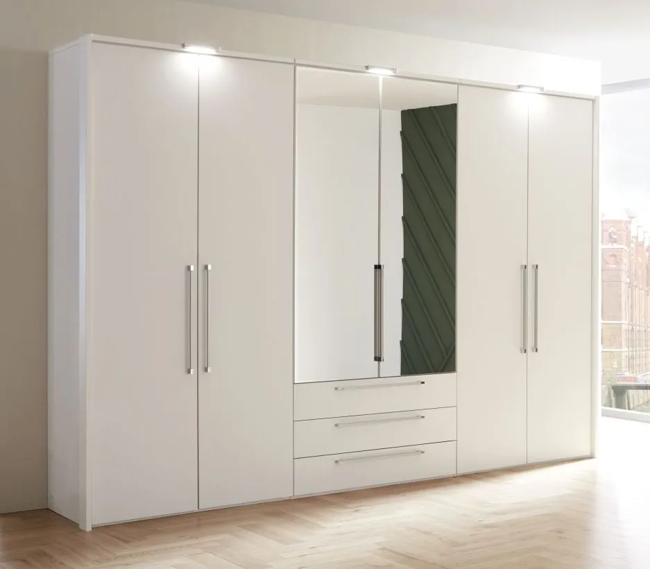 Nolte Concept Me 200 Polar White 6 Door 3 Drawer Combi Wardrobe with 2 Mirror Front - 320cm